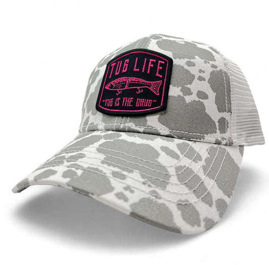 Grey/white cow print ponytail trucker SnapBack