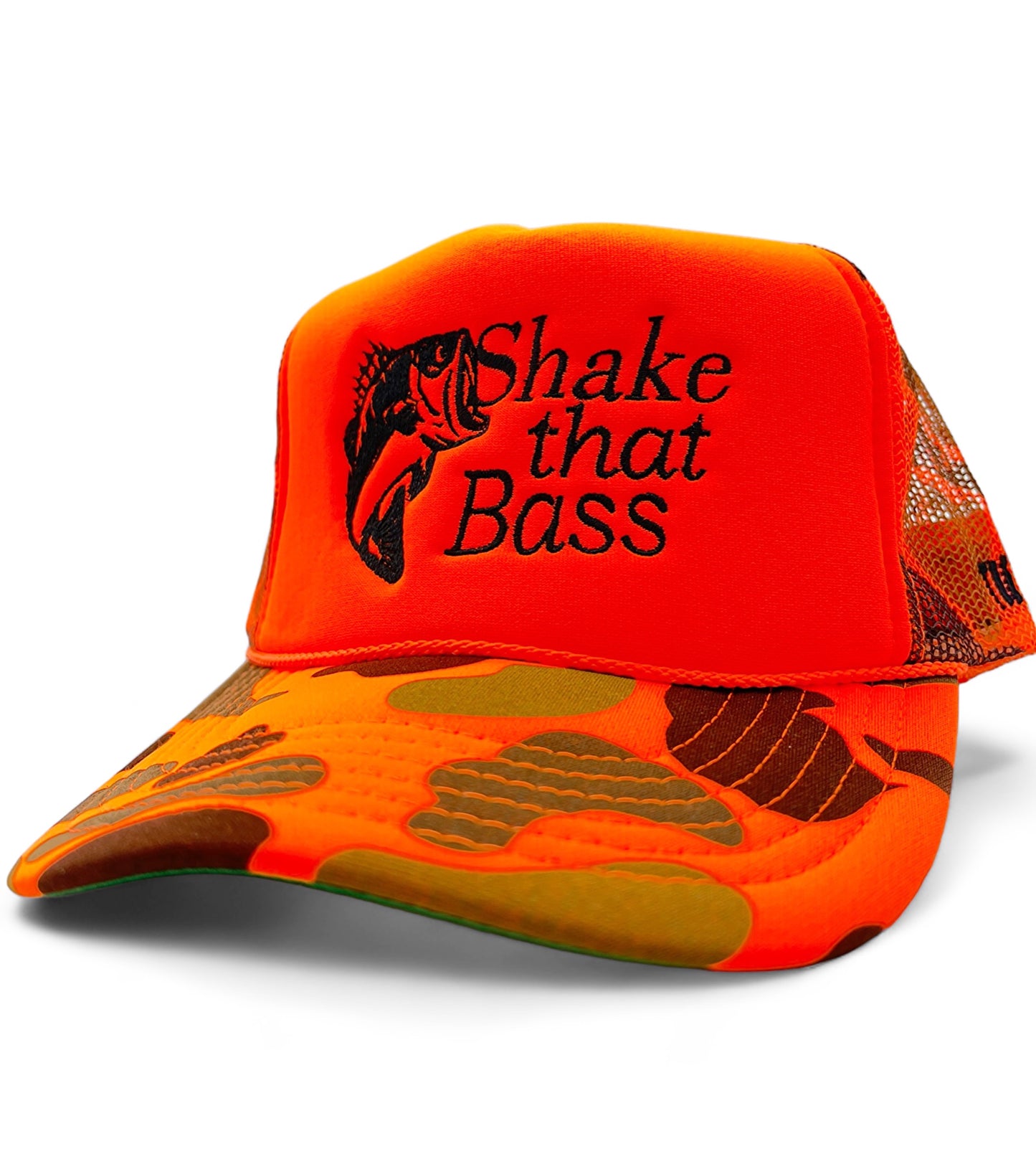 “Shake that bass” orange/camo trucker foam SnapBack